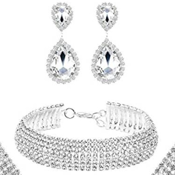 Rhinestone Necklace Bangle Bracelet Crystal Teardrop Dangle Earrings Set Bridal - Picture 5 of 7